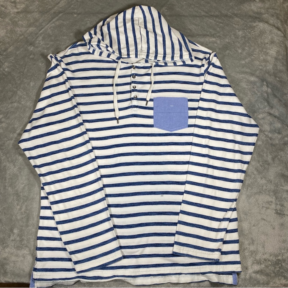 Charleston Threads Hooded Shirt Men’s XL White Blue Striped Lightweight Patch - Picture 2 of 11
